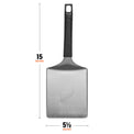 The spatula is 15 inches long by 5.5 inches wide.