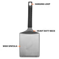 The spatula features a wide spatula base, heavy-duty neck, and hanging loop. 