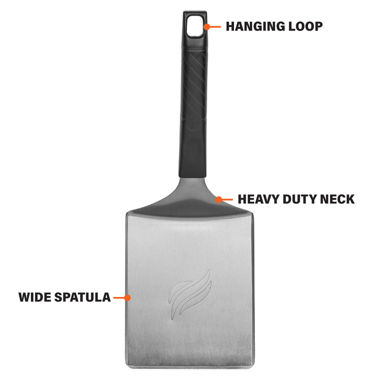 The spatula features a wide spatula base, heavy-duty neck, and hanging loop. 