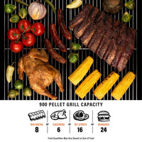 The 900 pellet grill has the capacity for 8 rib racks or 6 chicken or 16 New York strip steaks or 24 burgers. Food quantities vary based on size of food. 