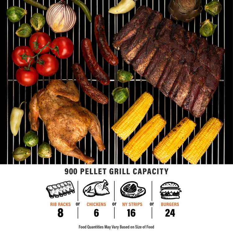 The 900 pellet grill has the capacity for 8 rib racks or 6 chicken or 16 New York strip steaks or 24 burgers. Food quantities vary based on size of food. 