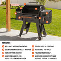 The grill includes a rollback hood with venting, 20lb pellet hopper with window, 7 quart airfryer drawer with damper for hot and cold smoke infusion, digital display controls, adjustable top rack, folding front shelf, and wireless connectivity. 