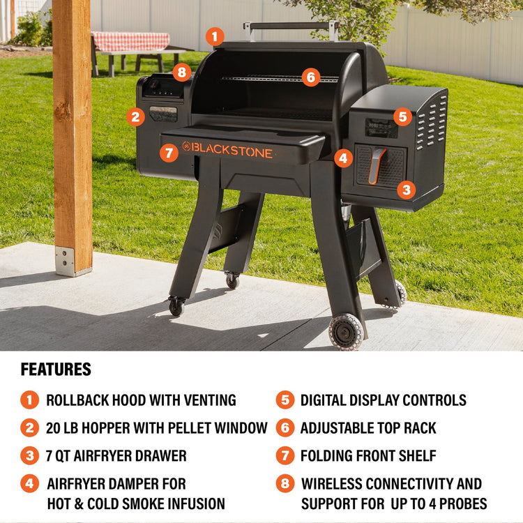 The grill includes a rollback hood with venting, 20lb pellet hopper with window, 7 quart airfryer drawer with damper for hot and cold smoke infusion, digital display controls, adjustable top rack, folding front shelf, and wireless connectivity. 