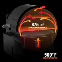 The smoke circulation system draws smoke throughout the barrel and out the top. The grill has a max temperature of 500 degrees Fahrenheit. 