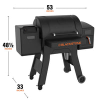 The pellet grill measures 53 inches by 48 1/2 inches by 33 inches. 