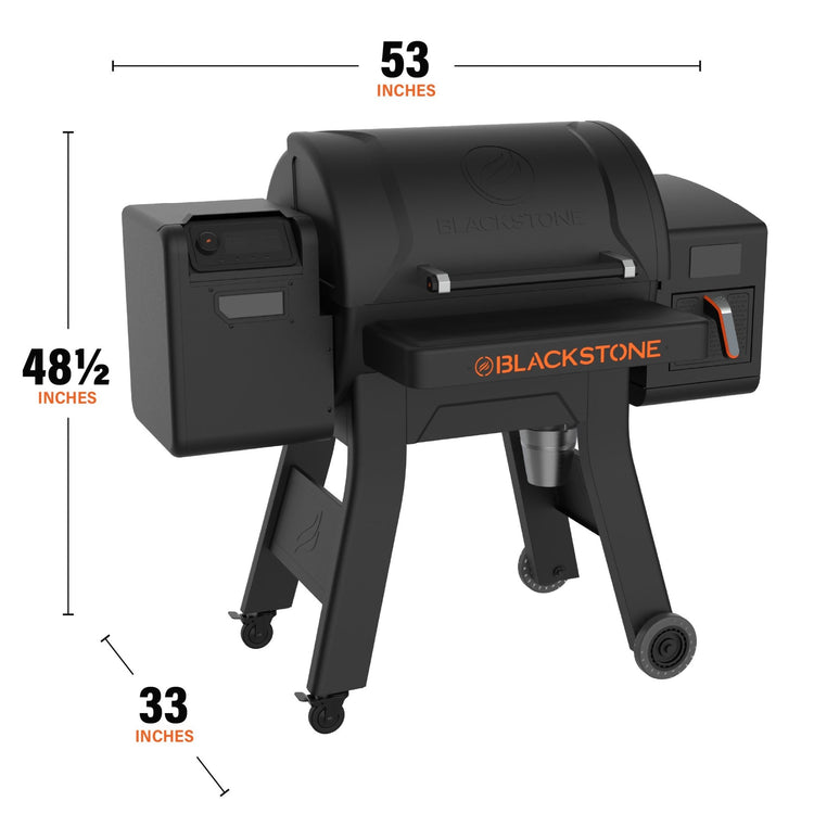 The pellet grill measures 53 inches by 48 1/2 inches by 33 inches. 