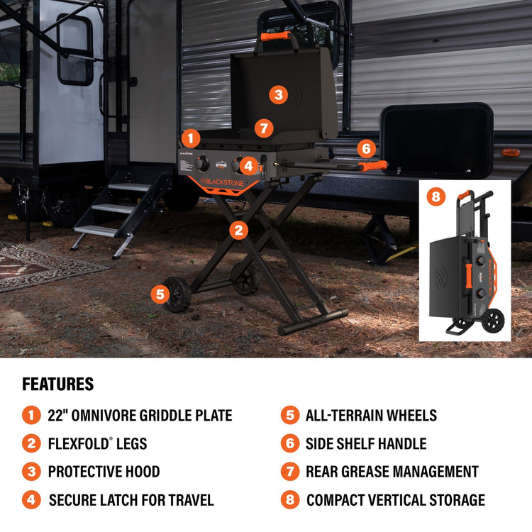 Adventure Ready 22” Griddle with Flexfold Legs - 22" Griddle with Hood | Blackstone Products