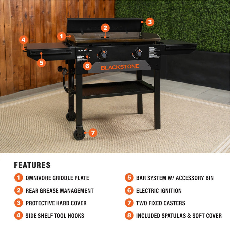 The griddle features an Omnivore Griddle Plate, Rear Grease Management, protective hard cover, side shelf tool hooks, BAR System with accessory bin, electric push-button ignition, fixed caster wheels, and a soft cover and spatulas. 