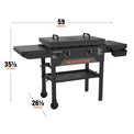 The griddle measures 59 inches by 35 1/2 inches by 26 1/2 inches. 