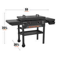 The griddle measures 59 inches by 35 1/2 inches by 26 1/2 inches. 
