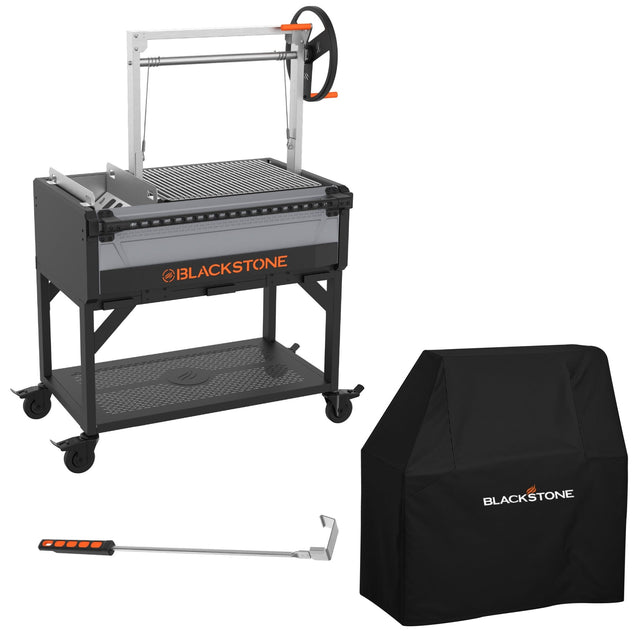 The Blackstone Bronco Open Flame Grill includes a coal rake and protective cover. 