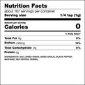 Nutrition Facts panel for seasoning blend showing serving size of 1/4 teaspoon (1 gram), 0 calories per serving, sodium content, and ingredients including salt, dried onion, dried garlic, black pepper, mustard, red pepper, and fennel.
