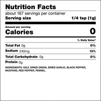 Nutrition Facts panel for seasoning blend showing serving size of 1/4 teaspoon (1 gram), 0 calories per serving, sodium content, and ingredients including salt, dried onion, dried garlic, black pepper, mustard, red pepper, and fennel.
