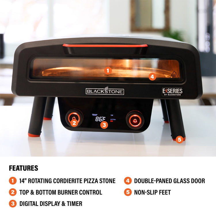 The pizza oven features 14 inch rotating cordierite pizza stone, top and bottom burner control, digital display and timer, double-paned glass door, and non-slip feet. 