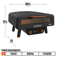 The oven measures 20 1/2 inches by 11 1/2 inches by 21 inches. The power requirements are 120V/60Hz/1740W.