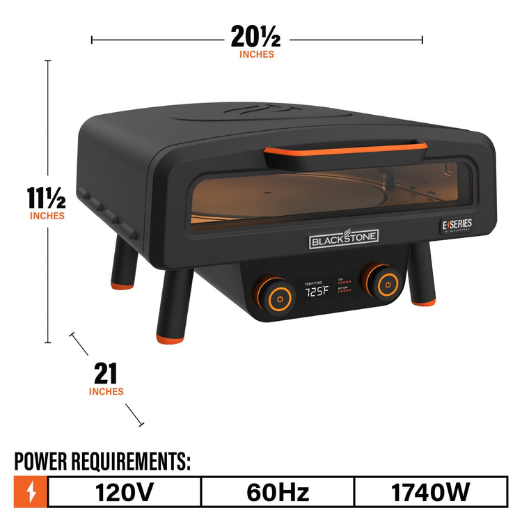 The oven measures 20 1/2 inches by 11 1/2 inches by 21 inches. The power requirements are 120V/60Hz/1740W.
