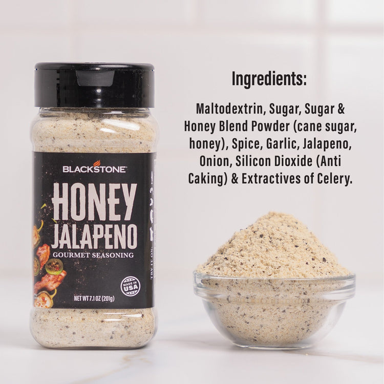 Ingredients include maltodextrin, sugar and honey blend powder (cane sugar, honey), spice, garlic, jalapeno, onion, silicon dioxide (anti-caking), and extractives of celery. 