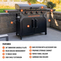 The griddle features a 36" Omnivore Griddle Plate, Rear Grease Management, an 'X' brace hood, side shelf extension, BAR System with accessory bin, propane storage cabinet, paper towel holder, and garbage bag holder. 