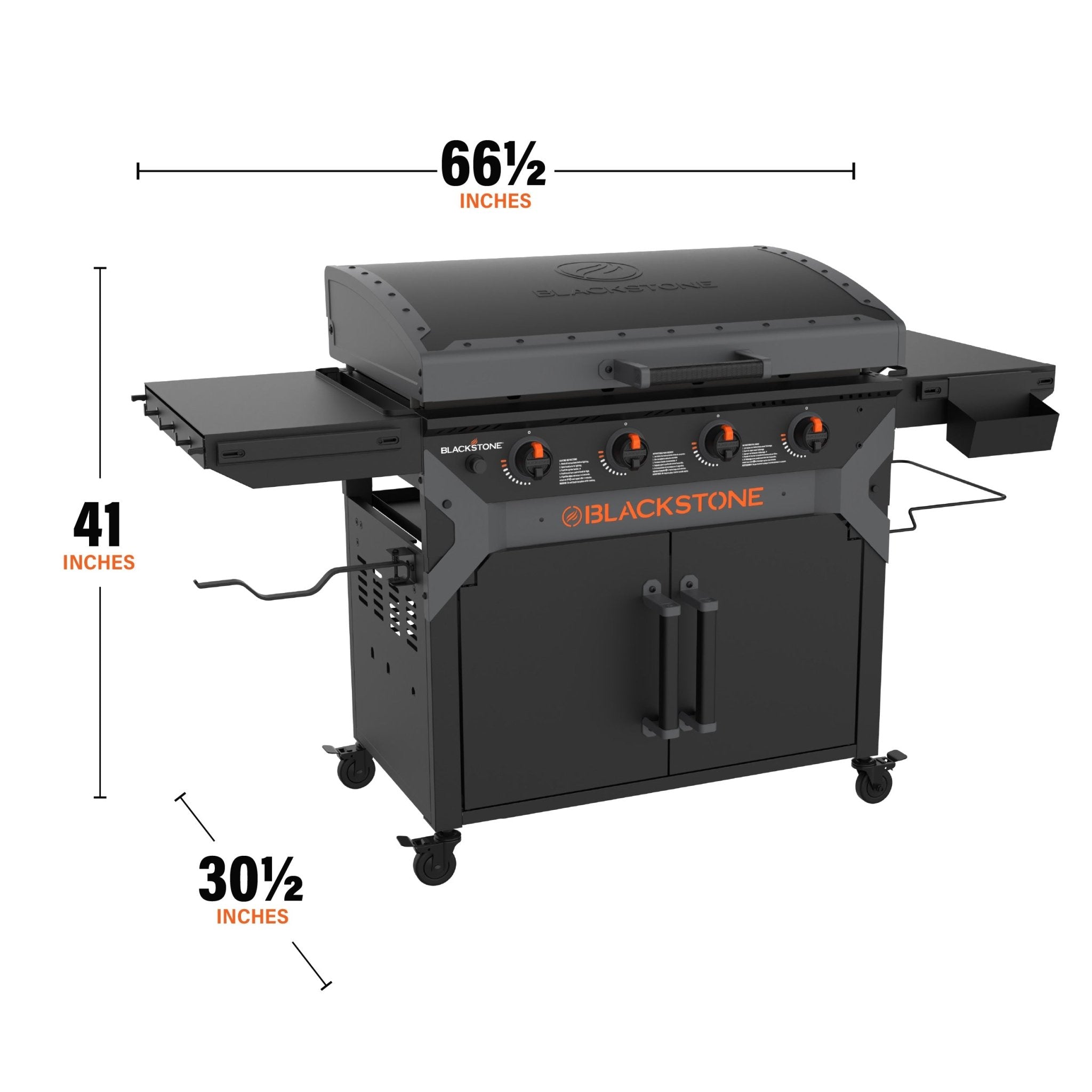 The griddle measures 66 1/2 inches by 41 inches by 30 1/2 inches. 