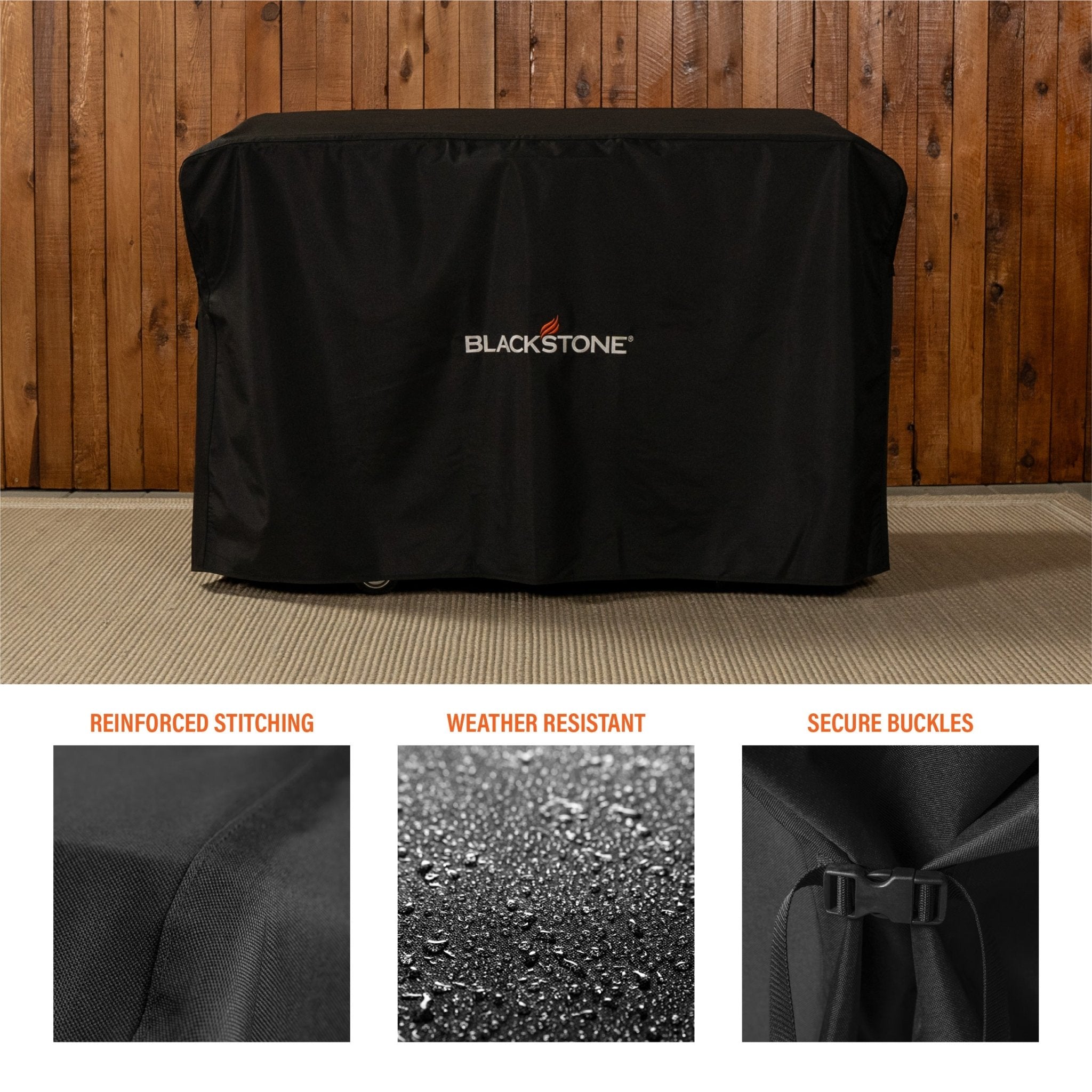 The griddle soft cover is weather resistant and includes reinforced stitching and secure side buckles. 