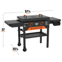 The griddle measures 57 1/2 inches by 37 inches by 25 1/2 inches. 