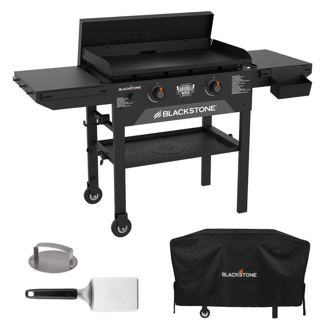 National Griddle Week 28” Griddle Bundle with burger spatula, smash burger press, and 28" griddle cover. 