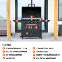 The griddle features a 36" Omnivore Griddle Plate, dual 4 quart airfryer drawers, 4 quart warming drawer, BAR System, extendable side shelf, storage cabinet, electric push-button ignition, and Rear Grease Management. 
