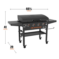 The griddle measures 66 1/2 inches by 41 inches by 29 inches. 