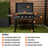 The griddle features a 36" Omnivore Griddle, Rear Grease Management, reinforced 'X' brace hood, side shelf cutting board, paper towel holder, tool hooks, magnetic toolbar, and locking swivel caster wheels. 