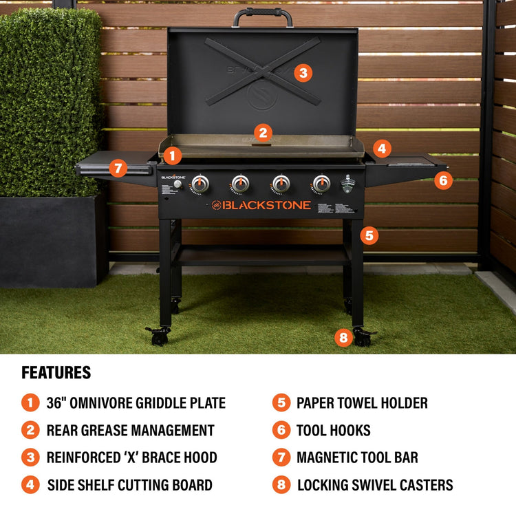 The griddle features a 36" Omnivore Griddle, Rear Grease Management, reinforced 'X' brace hood, side shelf cutting board, paper towel holder, tool hooks, magnetic toolbar, and locking swivel caster wheels. 
