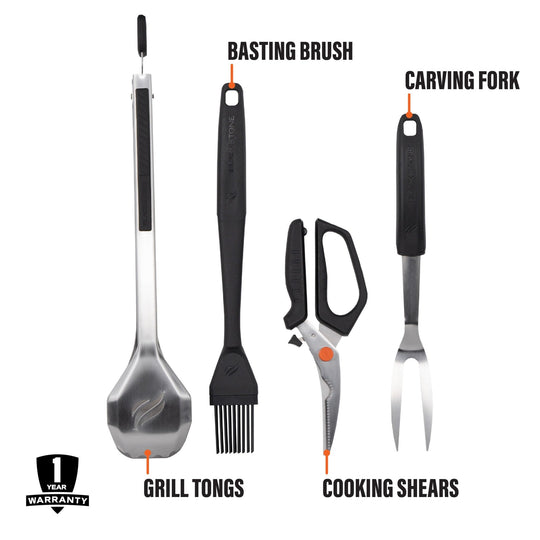 The toolkit includes grill tongs, basting brush, cooking shears, and carving fork.