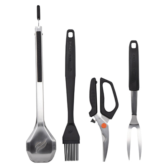 Pellet Grill Toolkit includes tongs, basing brush, shears, and carving fork. 