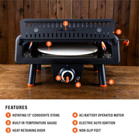 The oven features rotating 13" cordierite stone, built-in temperature gauge, heat-retaining door, AC/battery operated motor, electric auto ignition, and non-slip feet. 