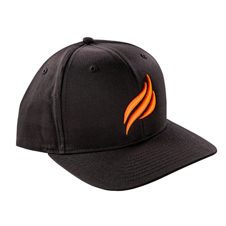 3037 Snapback Hat - Black with flame (embroidered puff - Orange), Size MD-LG - Blackstone Products