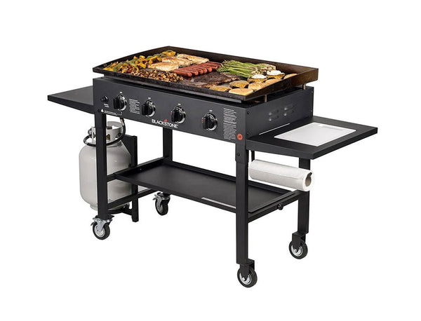 Blackstone 36 Cooking Station 4 Burner Propane Fuelled Restaurant Grade  Professional 36 Inch Outdoor Flat Top Gas Griddle with Built in Cutting  Board, Garbage Holder and Side Shelf (1825), Black 