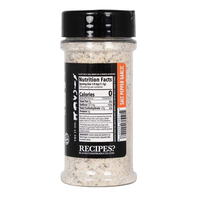 Back view of a Blackstone SPG seasoning bottle showing the nutrition facts, ingredients, barcode, and product information label.