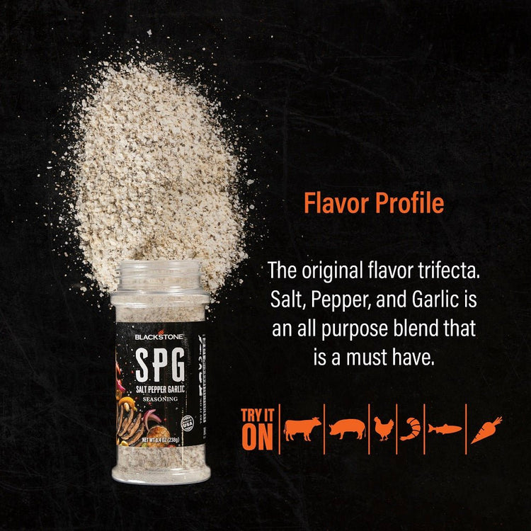 The original flavor trifecta. Salt, Pepper, and Garlic is an all-purpose blend that is a must have. Try it on beef, pork, chicken, seafood, fish, and veggies. 