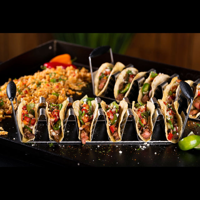 Six tacos in each taco rack. 