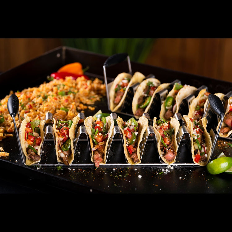 Six tacos in each taco rack. 